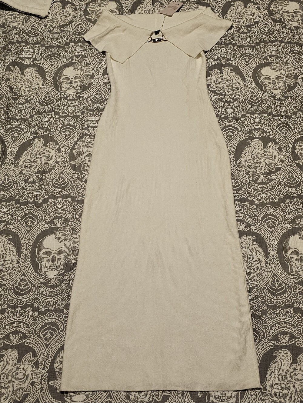 Off-Shoulder Cream Maxi Dress with Front Gold Metal Detail Size L